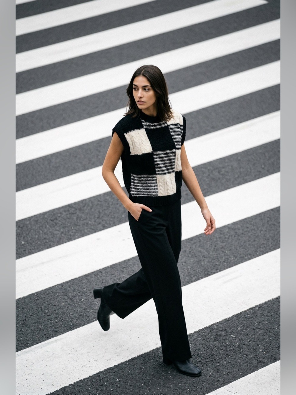 Vintage 80s Eileen Patchwork Sweater Vest | Black & White Wool Blend | Size M